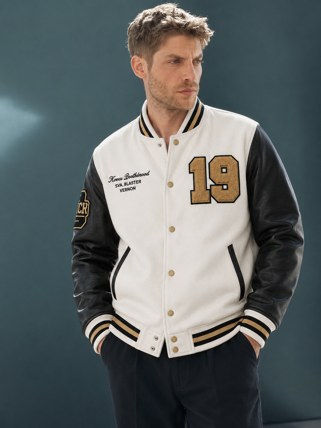 Men's varsity jacket with black leather sleeves, white body, gold number 19, and embroidered text details