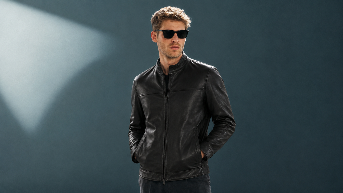 Man wearing black leather jacket and sunglasses, hands in pockets, against dark studio background