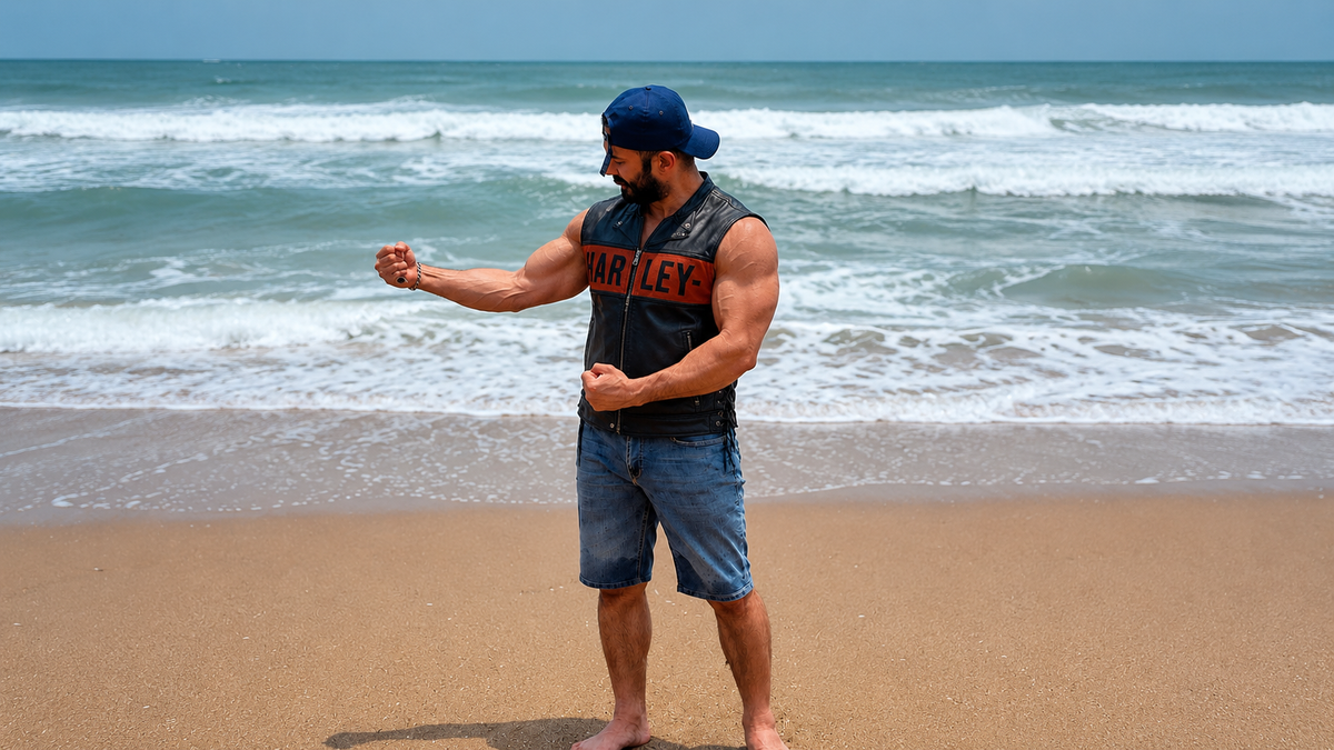 Muscular man in leather vest and denim shorts flexing on beach, ocean waves behind