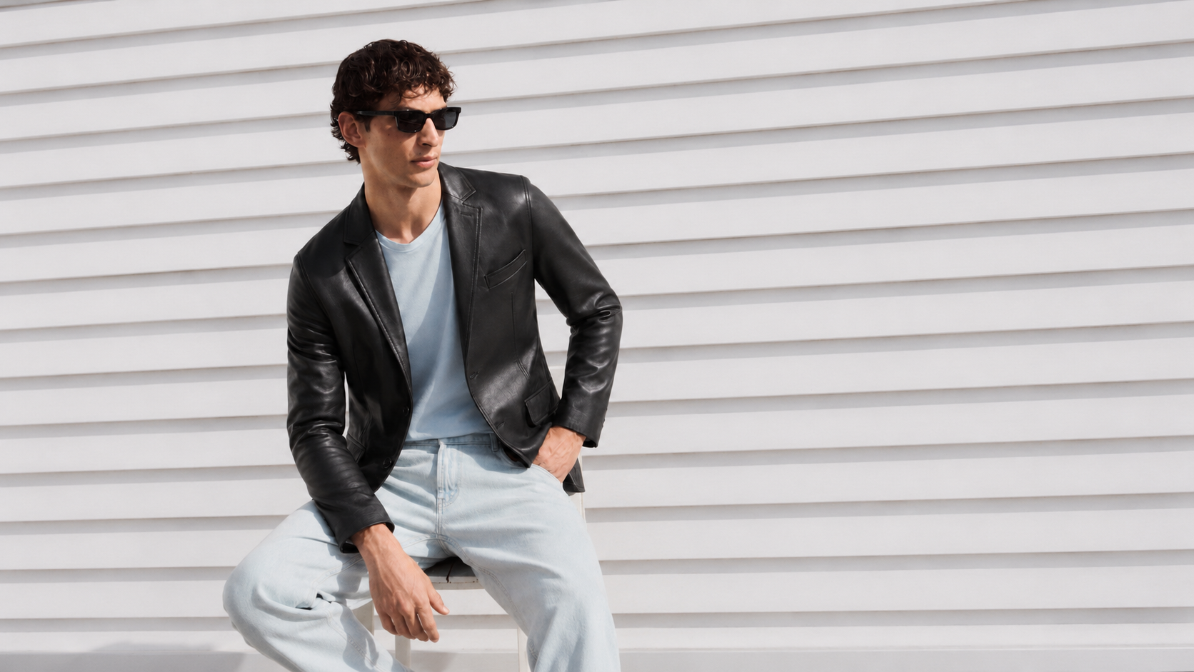 Man in black leather jacket, light blue tee, and jeans, wearing sunglasses against white slatted wall