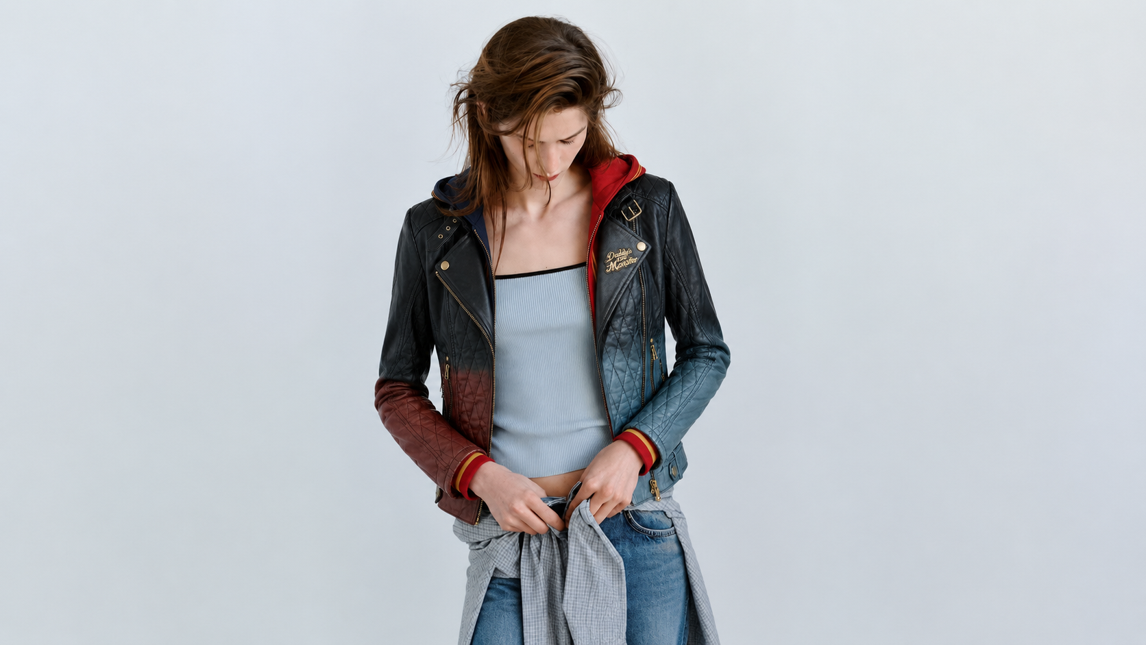 Woman wearing quilted leather moto jacket with color-block sleeves and hood, styled with crop top and jeans