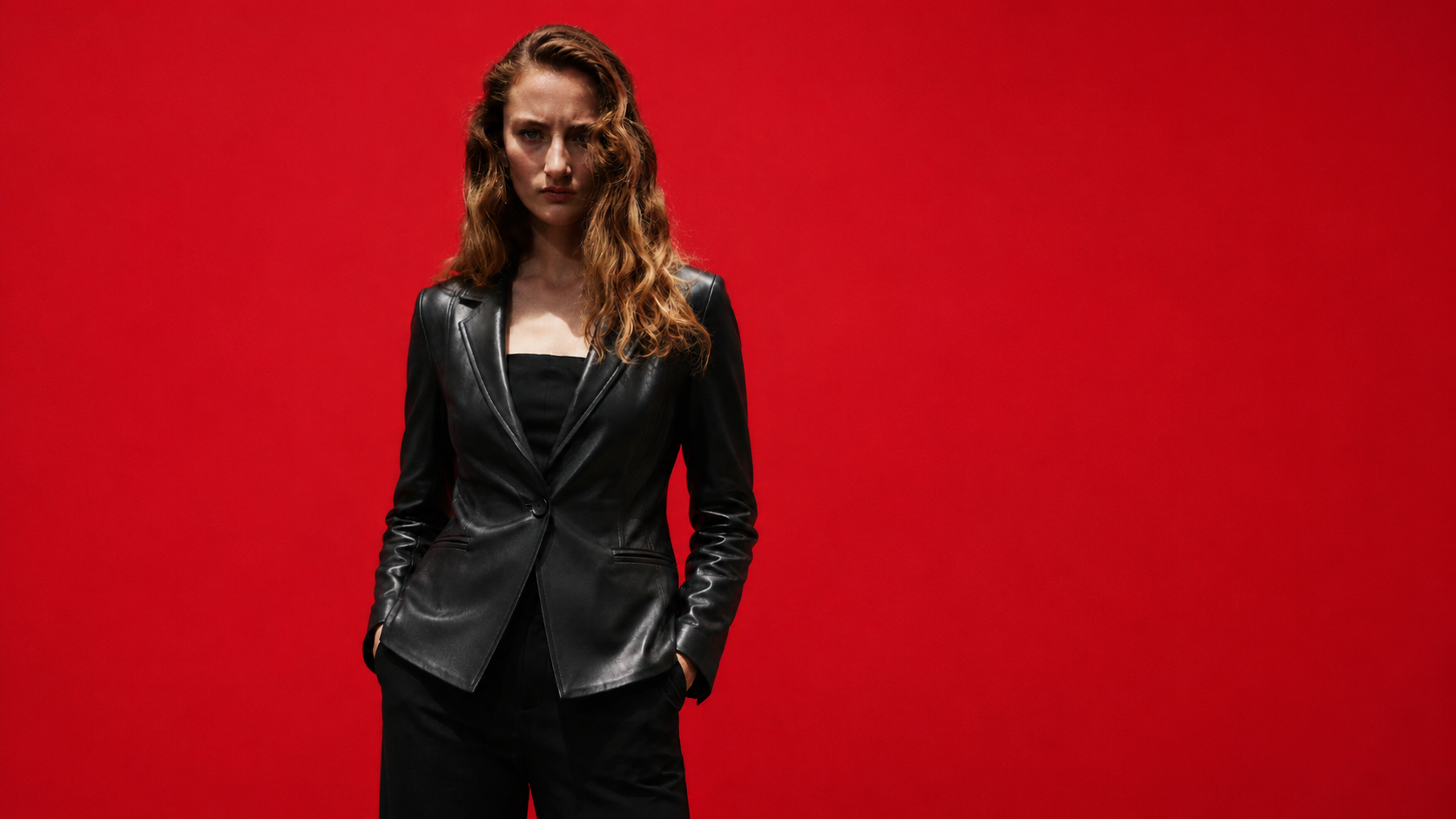 Woman in black leather blazer and pants against red background, stylish fashion outfit