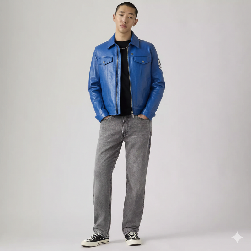 Man wearing a blue leather jacket and gray jeans on a white background