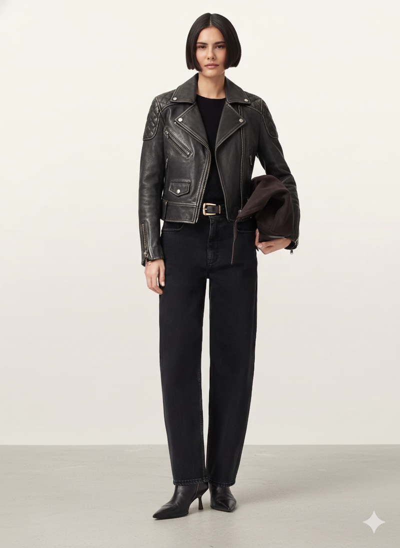 Blouson motard femme en cuir matelassé asymétrique noir