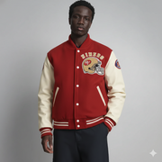 Men's red and cream San Francisco 49ers varsity jacket with helmet patch and team logo