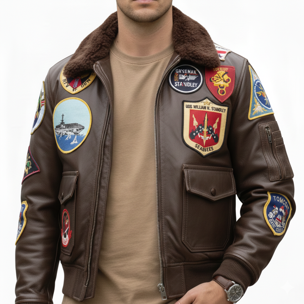 Brown leather flight jacket with military patches, shearling collar, and front pockets