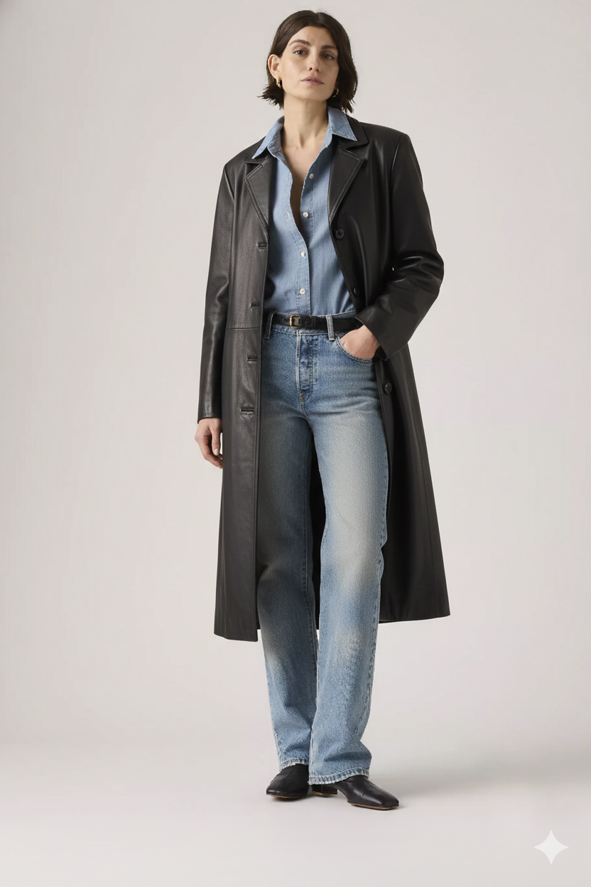 Trench-coat long pour femme en agneau noir - Beauté