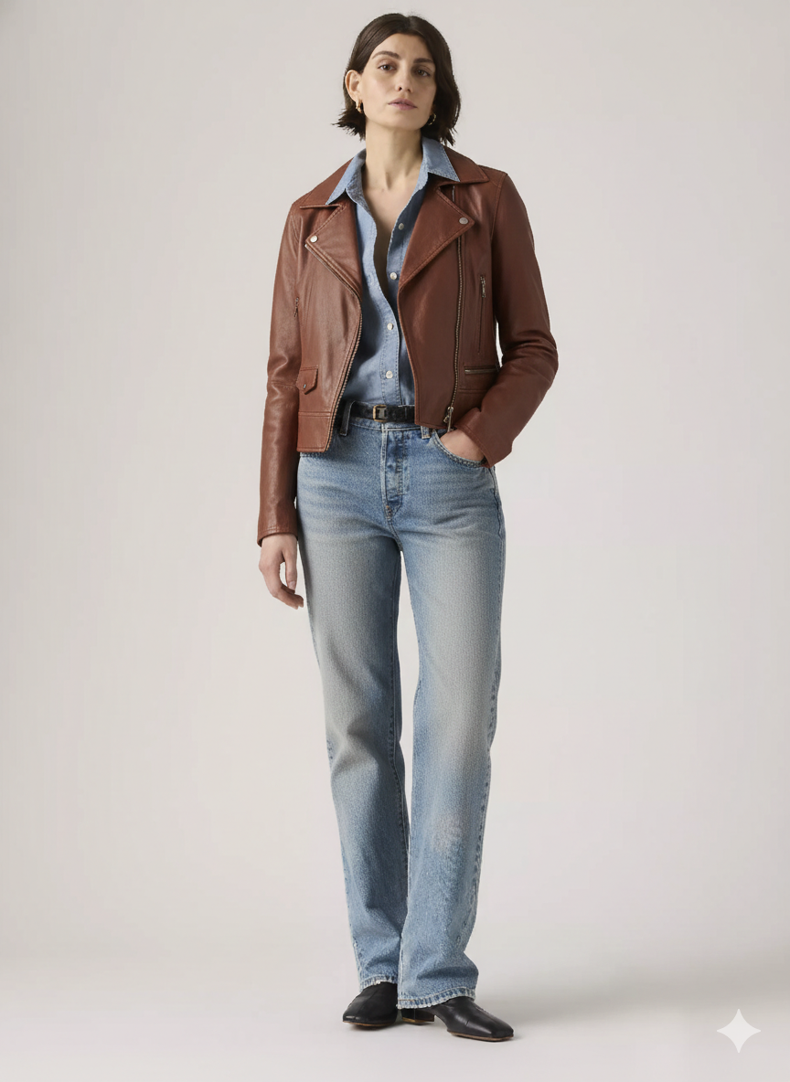 Woman wearing brown leather moto jacket with blue denim shirt and light wash jeans