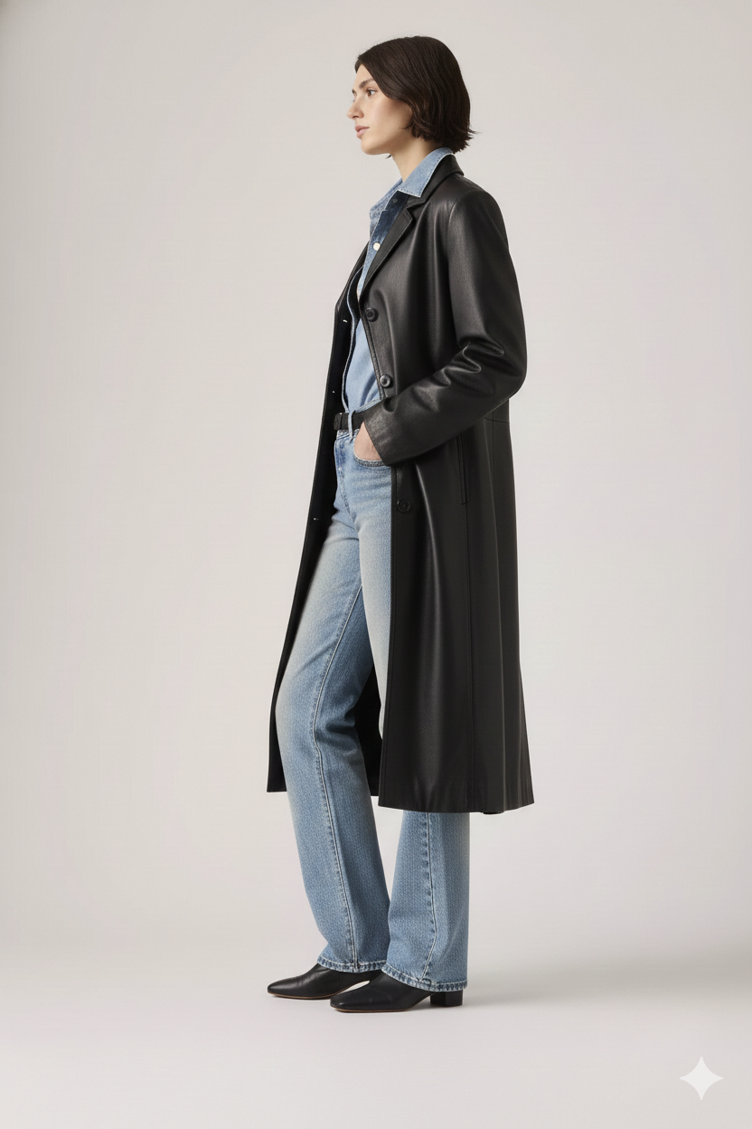 Trench-coat long pour femme en agneau noir - Beauté