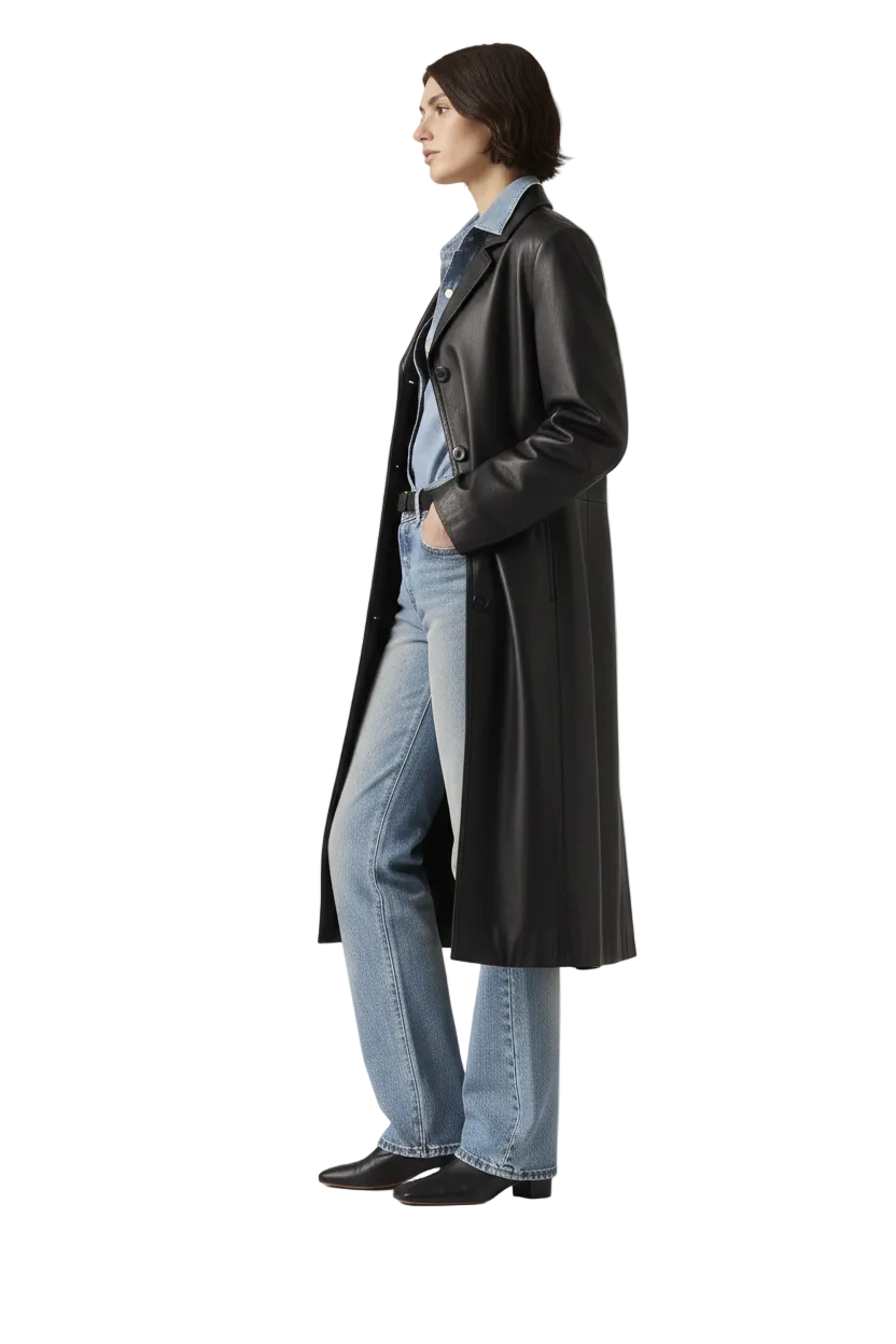 Woman in black leather coat, blue jeans, and black boots, side profile