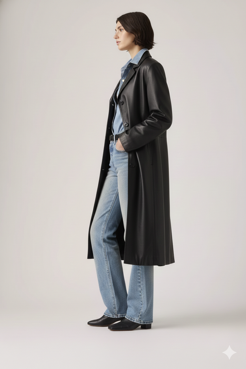 Woman in black leather coat, blue jeans, and black boots, side profile