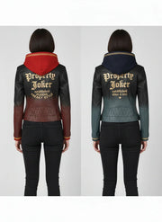 Women's leather hooded jackets with 'Property Joker' back print, red and navy options, quilted design