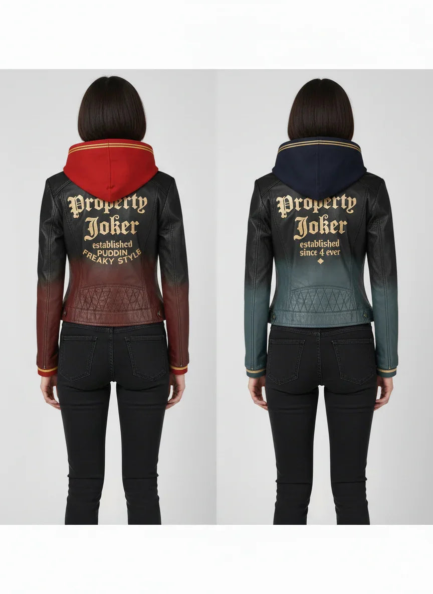 Women's leather hooded jackets with 'Property Joker' back print, red and navy options, quilted design
