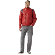Man wearing red leather jacket with gold buckles, gray jeans, and black sneakers