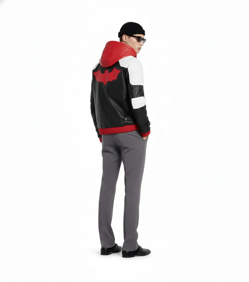 Men's black leather jacket with red bat emblem, white panels, and hood, paired with gray trousers