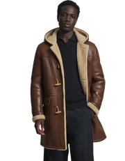 Men's brown shearling coat with hood, toggle closures, and cozy fleece lining for winter wear