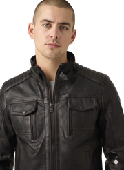 Men's black leather jacket with zippered pockets and quilted shoulders