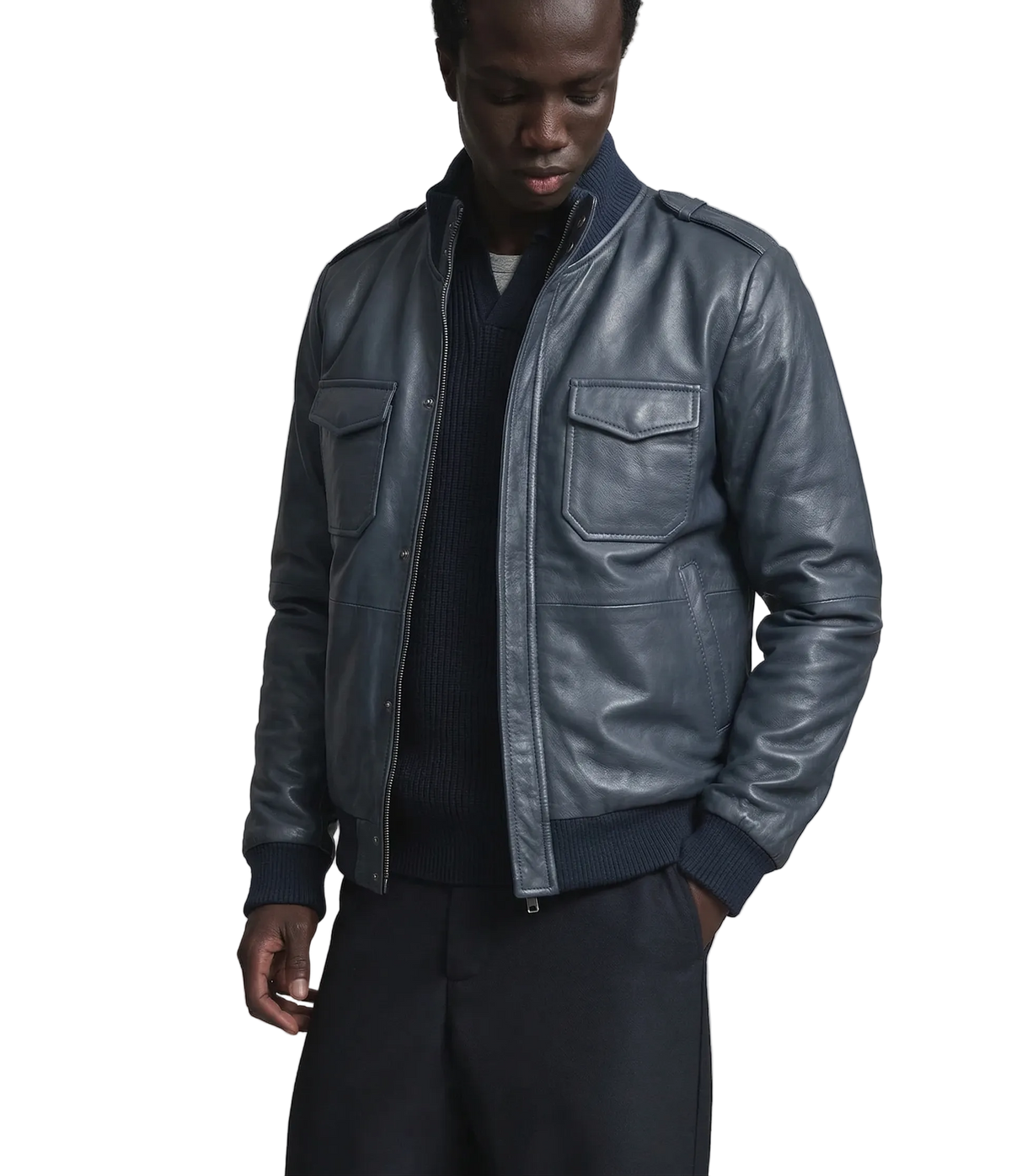 Men's Premium Blue Lamb Hide Leather Bomber Jacket