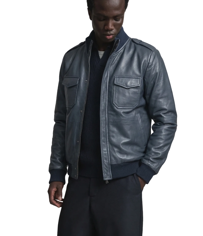 Blouson aviateur en cuir d'agneau bleu de première qualité pour homme