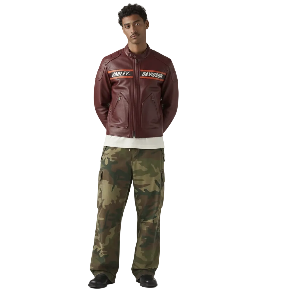 Man wearing a maroon Harley-Davidson jacket and camouflage pants on a white background
