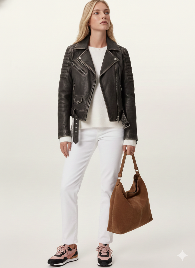 Women's Vintage Quilted Biker Leather Jacket - Diamond