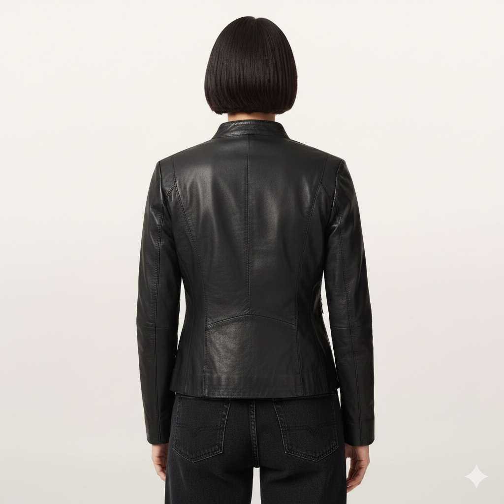 Black leather jacket with tailored back seams, worn by woman with bob haircut, paired with dark jeans