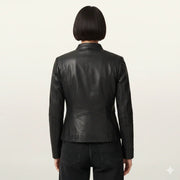 Black leather jacket back view, sleek fit, women's fashion outerwear
