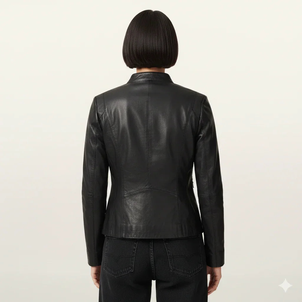 Black leather jacket back view, sleek fit, women's fashion outerwear