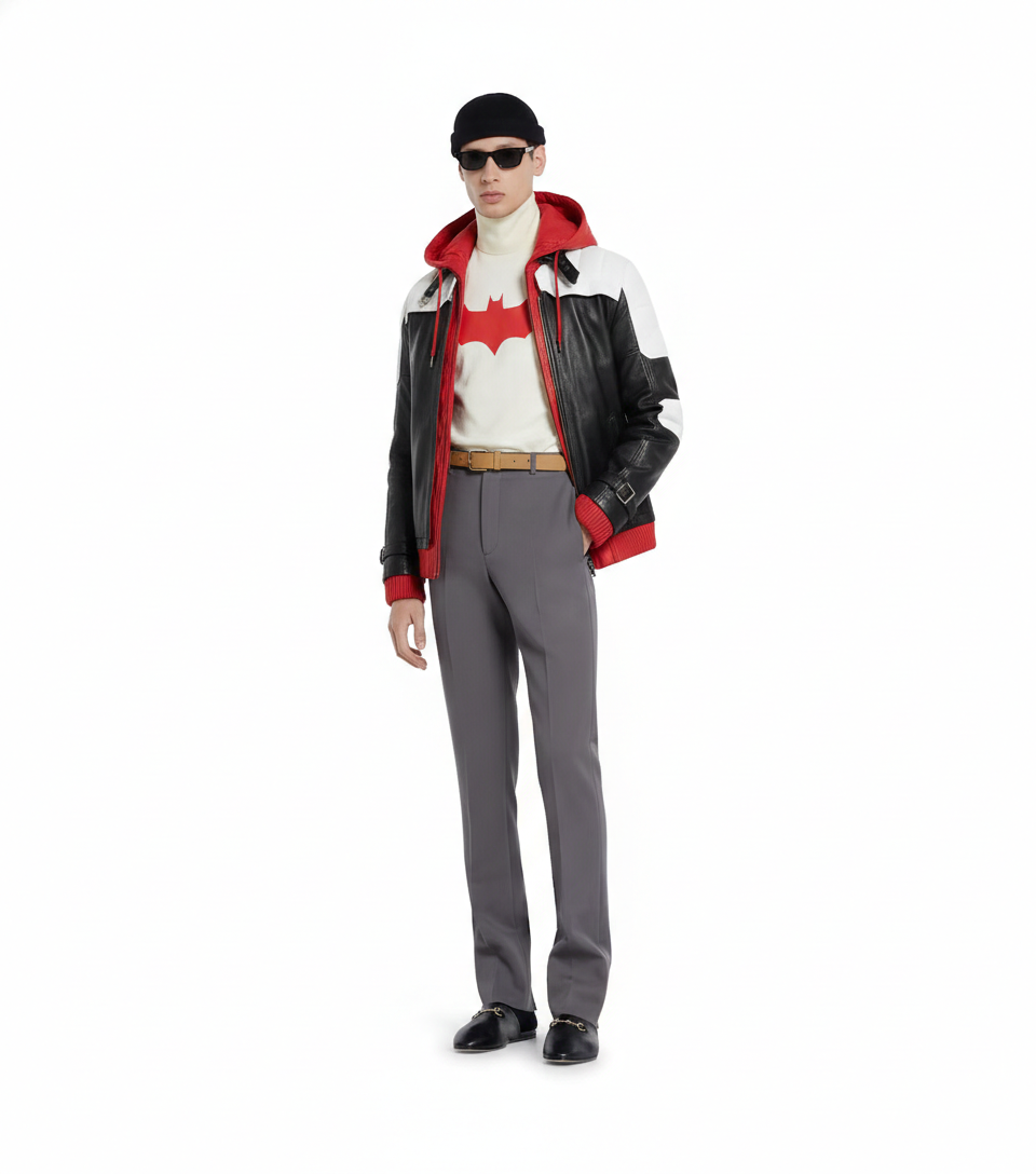 Men's black and red leather jacket with Batman logo tee, gray trousers, and loafers