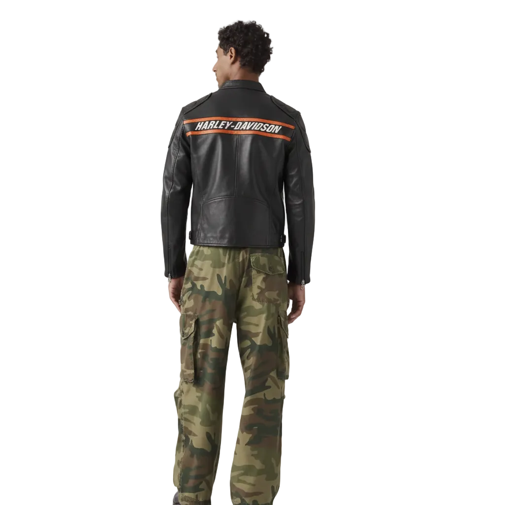 Person wearing a black Harley-Davidson leather jacket and camouflage pants on a white background