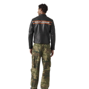Men's black leather motorcycle jacket with Harley-Davidson back stripe, paired with camo cargo pants