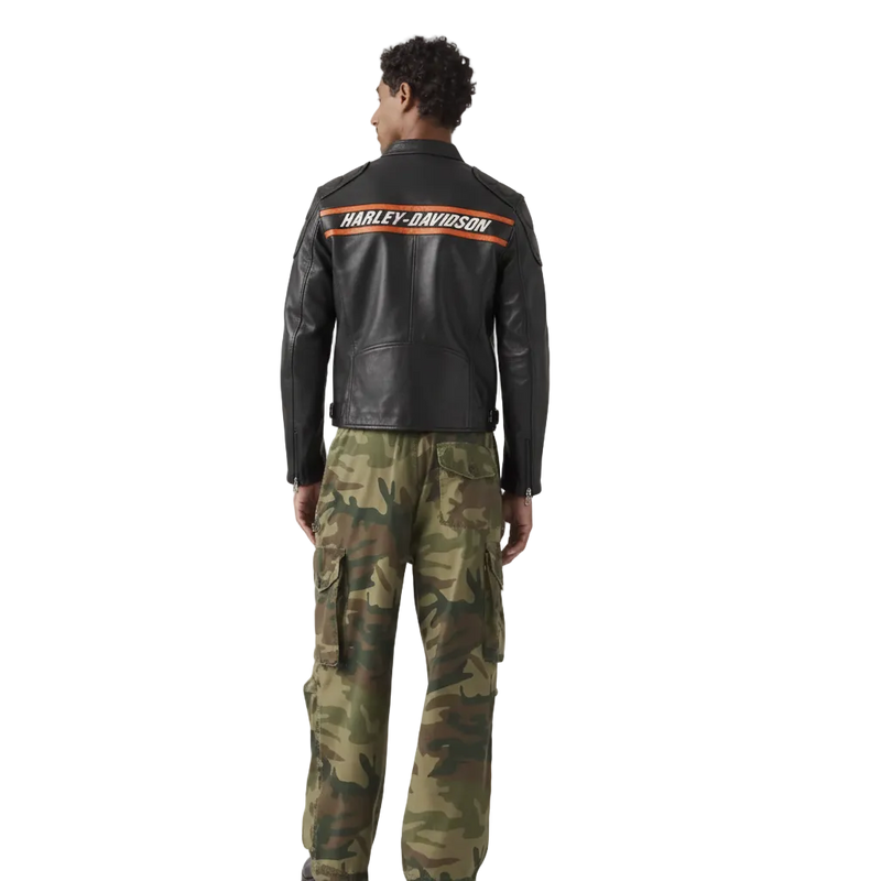 Person wearing a black Harley-Davidson leather jacket and camouflage pants on a white background