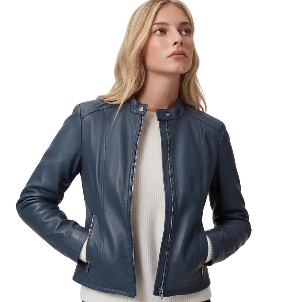 Woman wearing a blue leather jacket on a white background
