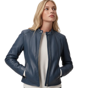 Navy blue women's leather jacket with zipper front and ribbed cuffs, styled over cream sweater
