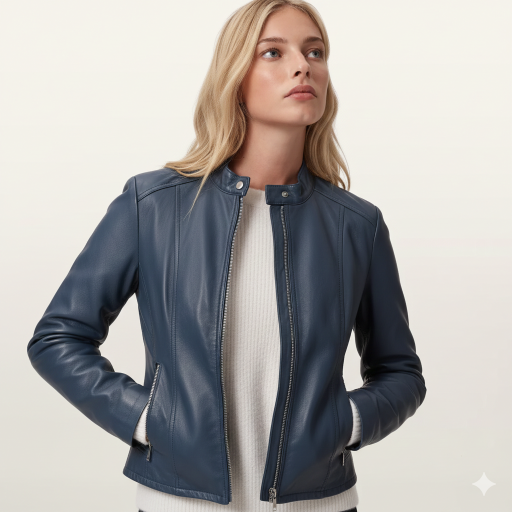 Woman wearing navy blue leather moto jacket with zipper details and ribbed sweater