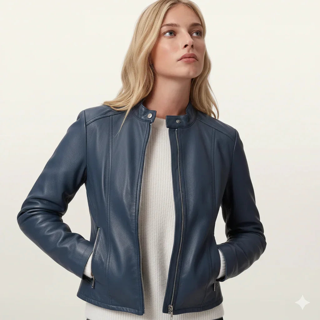Woman wearing navy blue leather moto jacket with zipper details over cream sweater