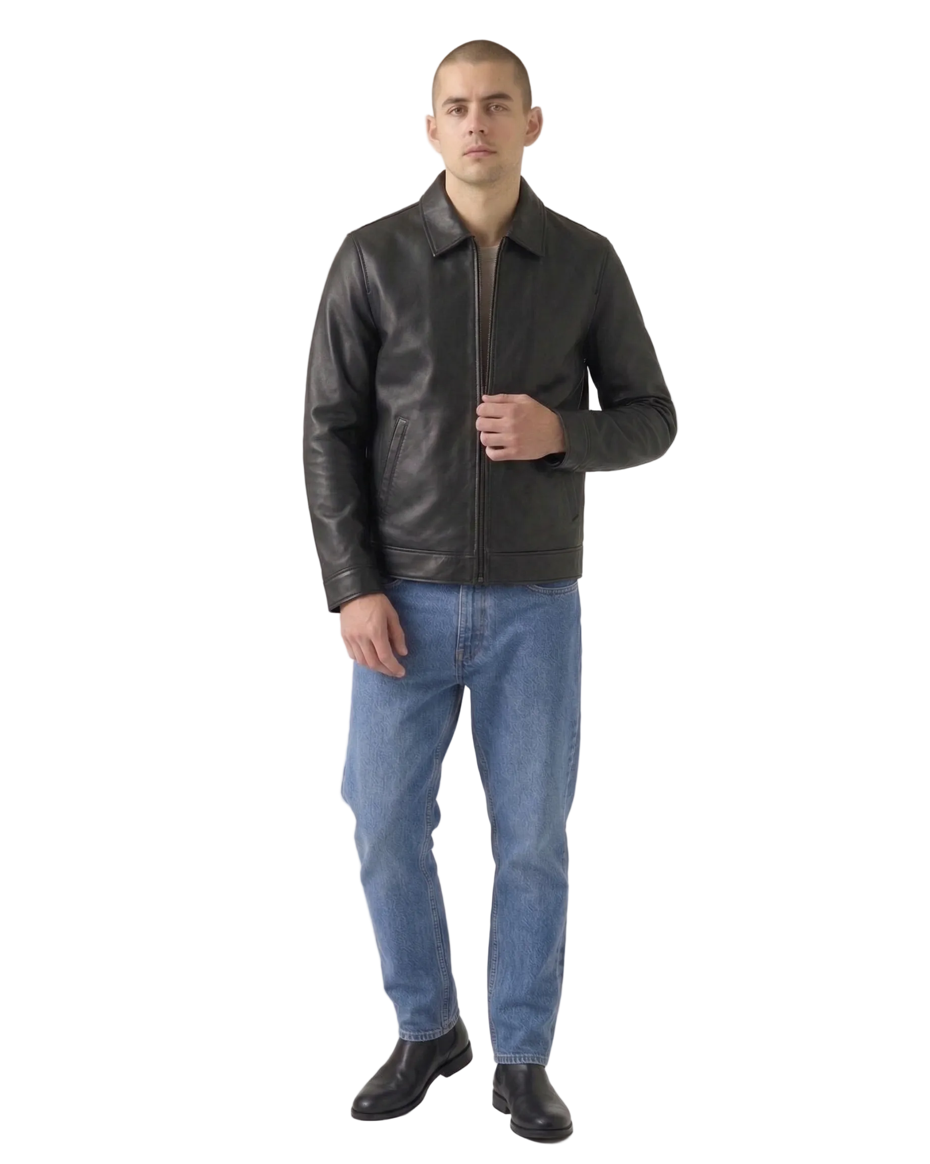 Men's black leather jacket with zipper front, paired with blue jeans and black boots for casual style.