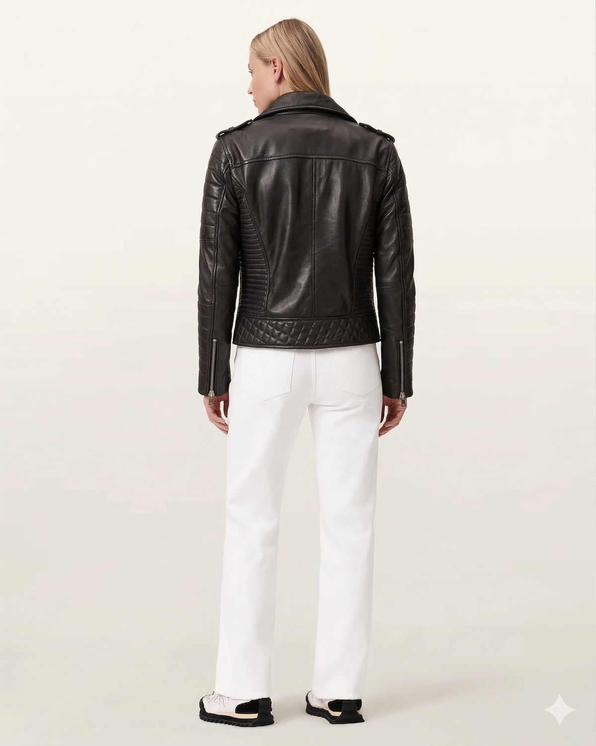 Blouson motard asymétrique en cuir onyx de luxe pour femme