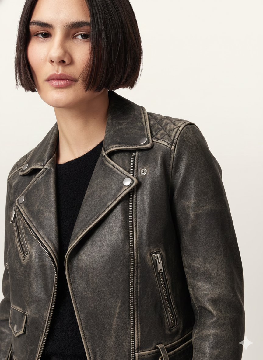 Blouson motard femme en cuir matelassé asymétrique noir