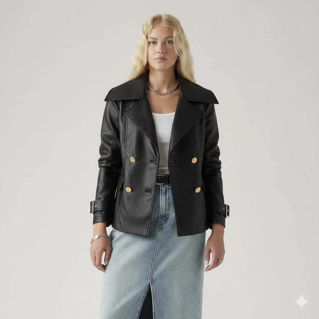 Black faux leather moto jacket with gold buttons, worn with denim skirt and white top