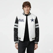 Dallas Cowboys varsity jacket with star logo, white and black design, striped sleeves, button front