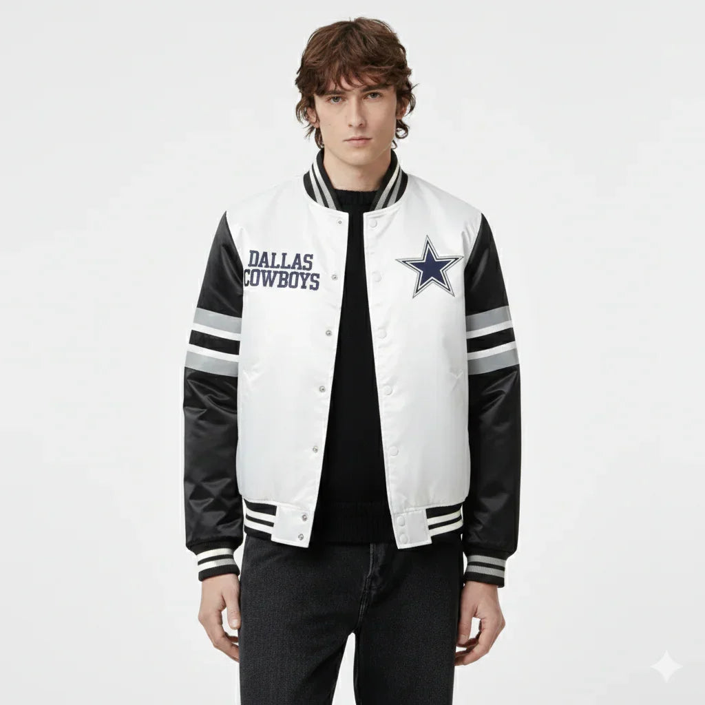 Dallas Cowboys varsity jacket with star logo, white and black design, striped sleeves, button front