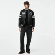 Men's Dallas Cowboys varsity jacket with star logo, black satin bomber style, striped sleeves, casual wear