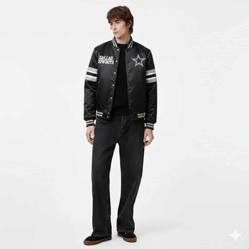 Men's Dallas Cowboys varsity jacket with star logo, black satin bomber style, striped sleeves, casual wear