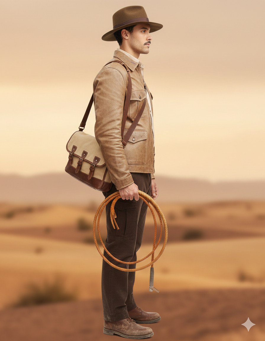 Man in vintage leather jacket, hat, and satchel holding lasso in desert landscape
