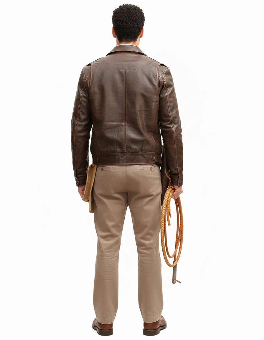 Man wearing brown leather jacket with beige pants, holding rope, back view