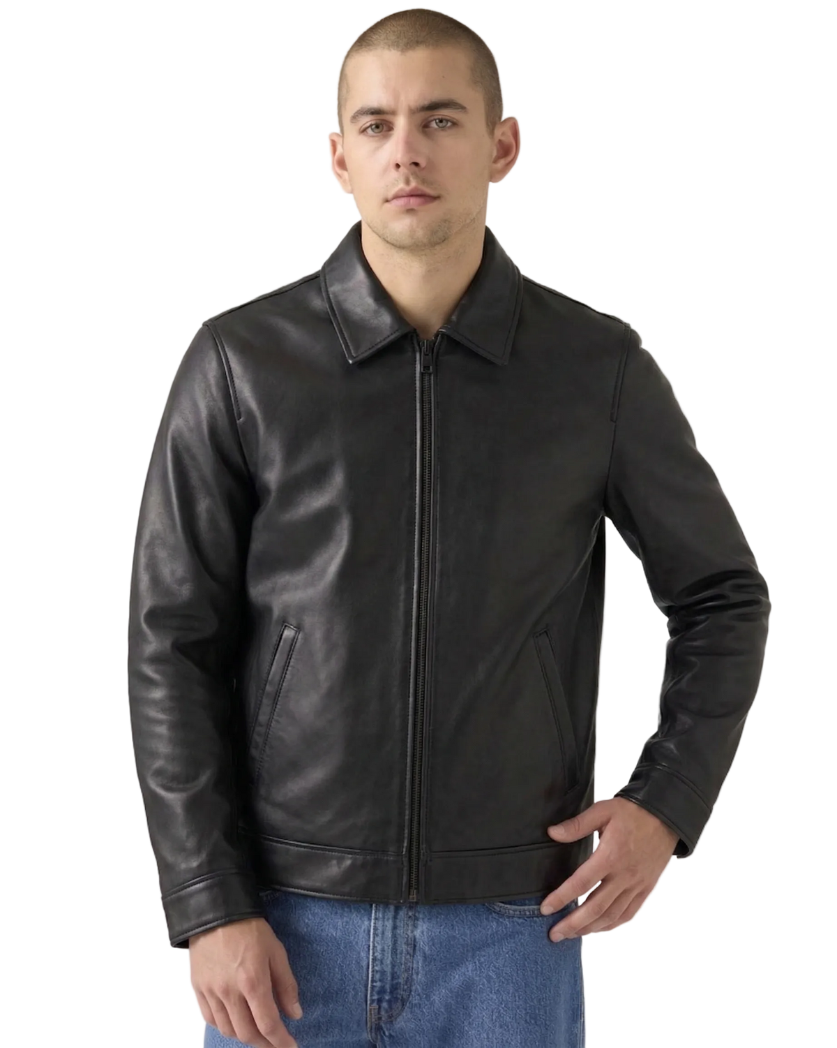 Man wearing a black leather jacket on a plain background