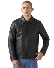 Men's black leather jacket with zip front and collar, styled with blue jeans