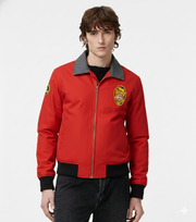 Red bomber jacket with gray collar, black cuffs, and embroidered patches for men