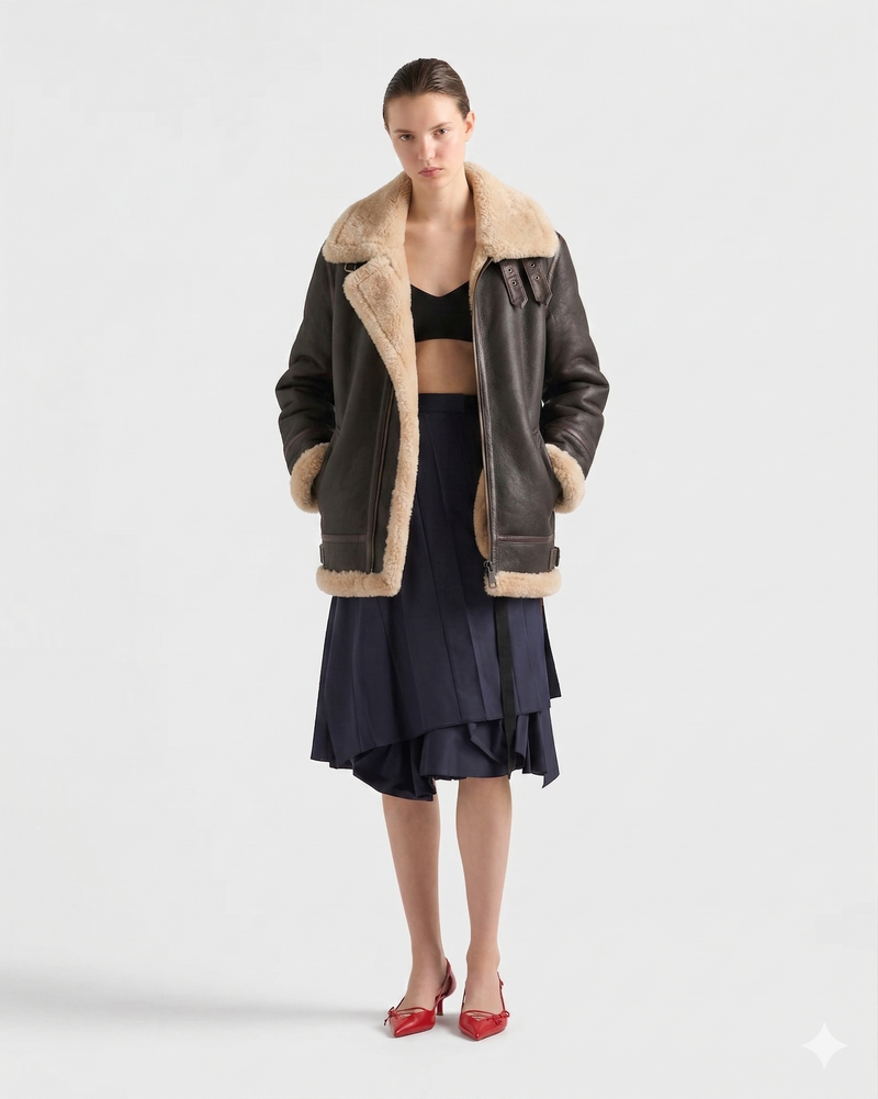 Women's shearling coat with faux fur lining, paired with navy pleated skirt and red heels